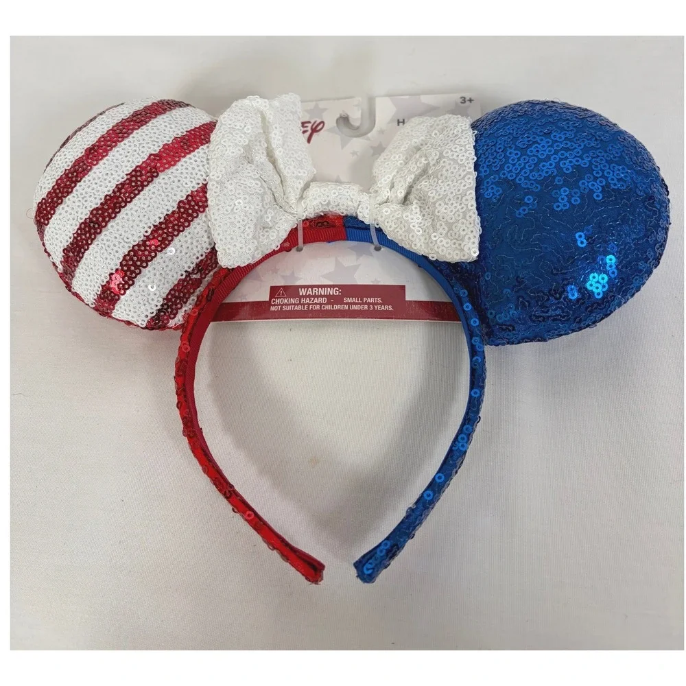 Disney Minnie Mouse Americana Patriotic Sequin Headband Red White Blue New